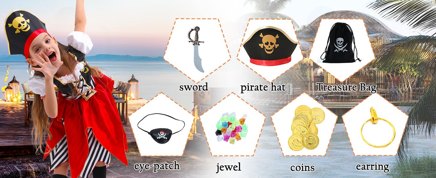 Déguisement pirate fille – Robe de princesse corsaire avec accessoires Déguisement pirate fille – Robe de princesse corsaire avec accessoires
