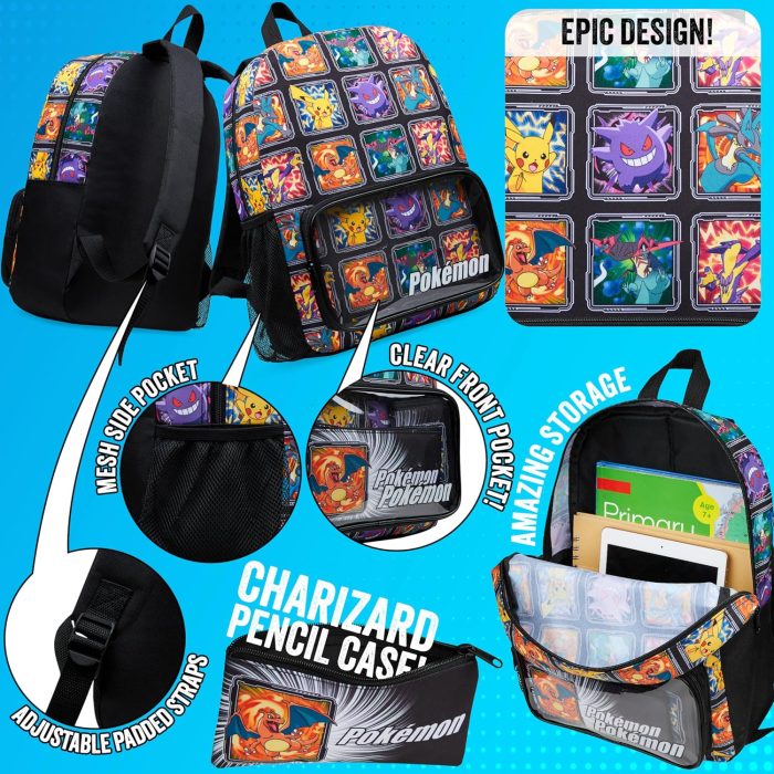 Pokemon Backpack for School Including Pencil Case and Water Bottle