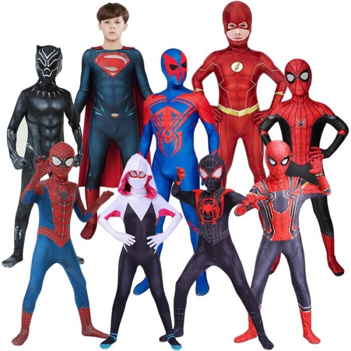 Superman costumes, Flash, Iron Man, Black Panther, Captain America for children