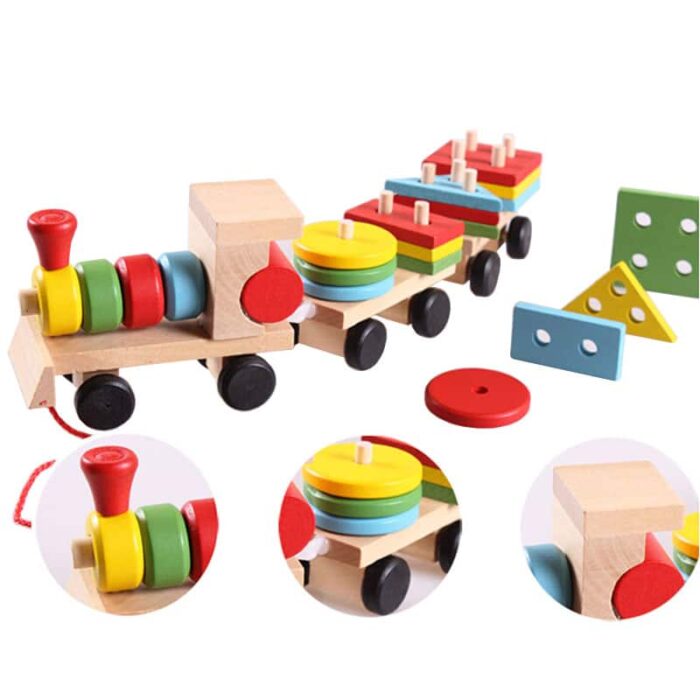 Pullable Wooden Stacking Train For Toddlers Ages 2+, Multi colored