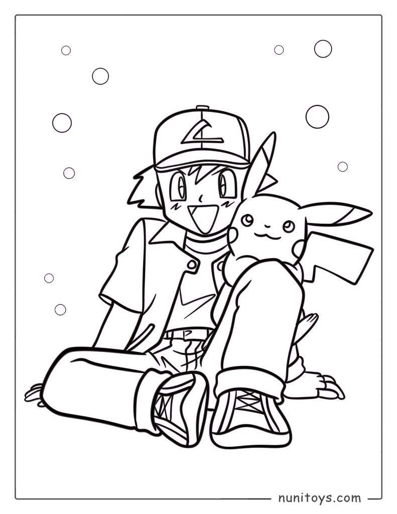 Ash and Pikachu friendship Pokémon coloring page