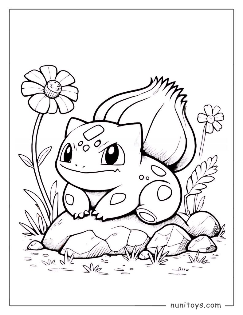 Bulbasaur resting in nature Pokémon coloring page