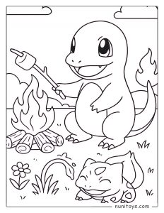 Charmander roasting marshmallow campfire coloring page