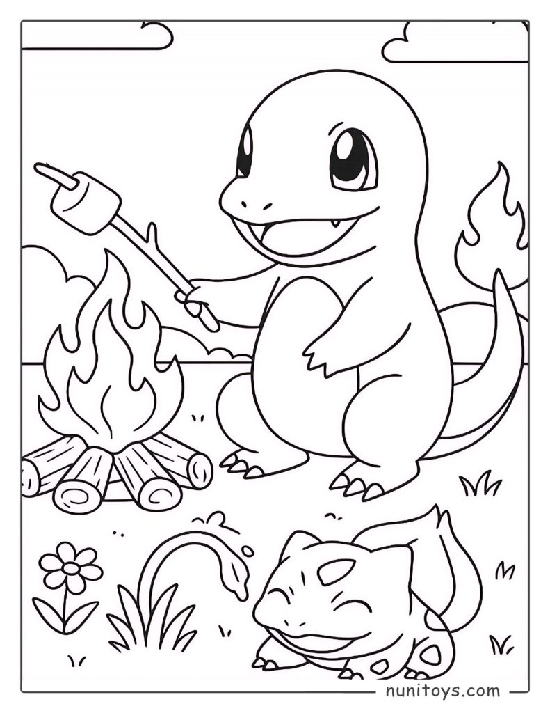 Charmander roasting marshmallow campfire coloring page