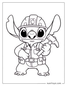 Coloriage Stitch ouvrier avec casque et pioche à la main