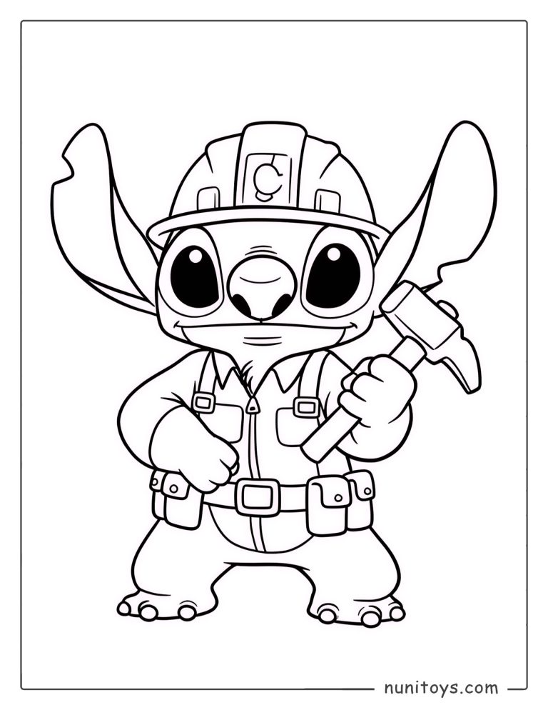 Coloriage Stitch ouvrier avec casque et pioche à la main