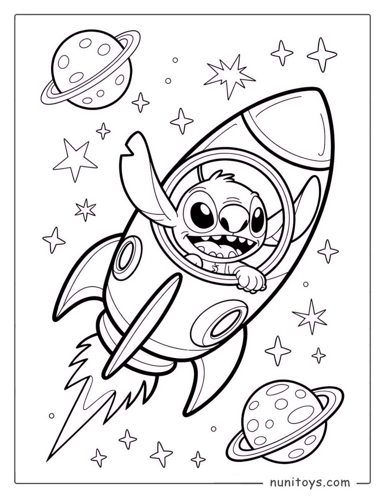Coloriage Stitch pilotant une fusée au milieu des planètes