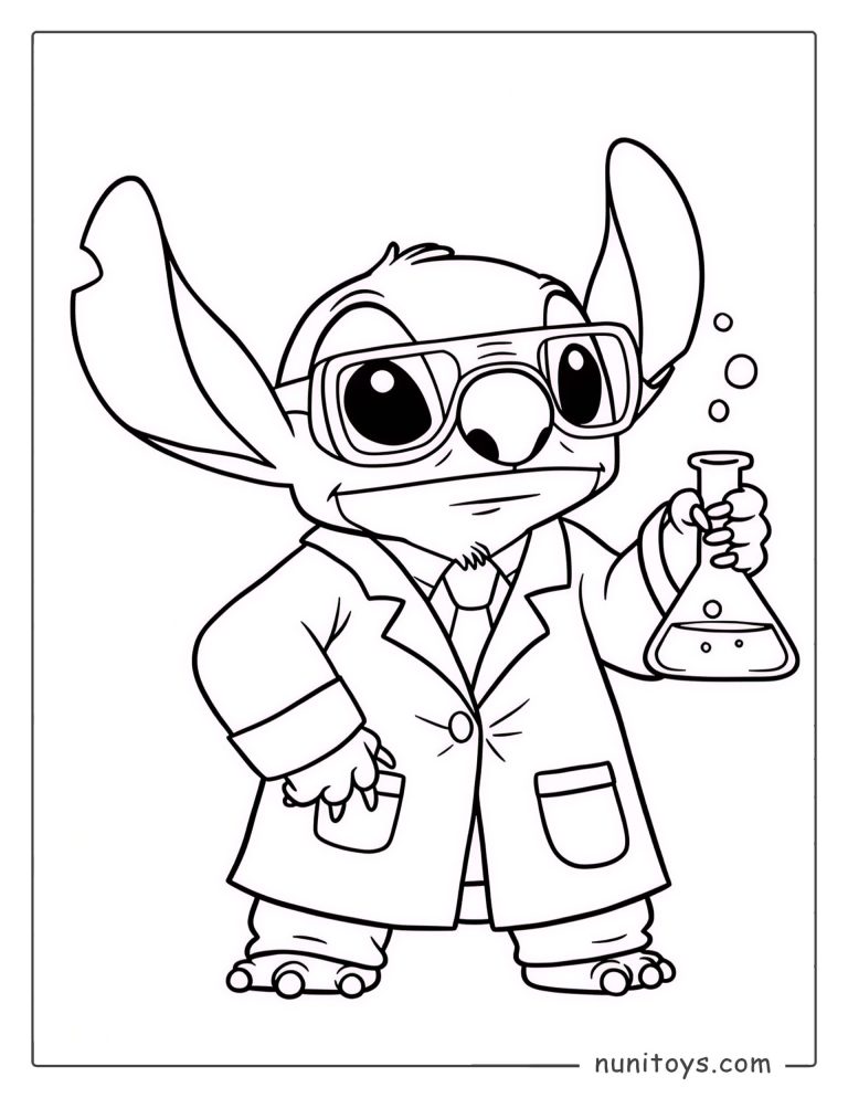 Coloriage Stitch scientifique avec éprouvette et blouse de laboratoire