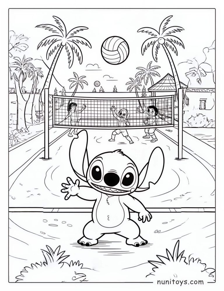 Coloriage Stitch sur un terrain de volley