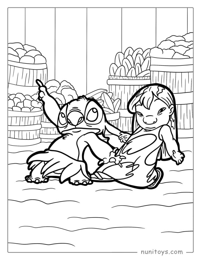 Coloriage de Lilo et Stitch dansant dans la rue