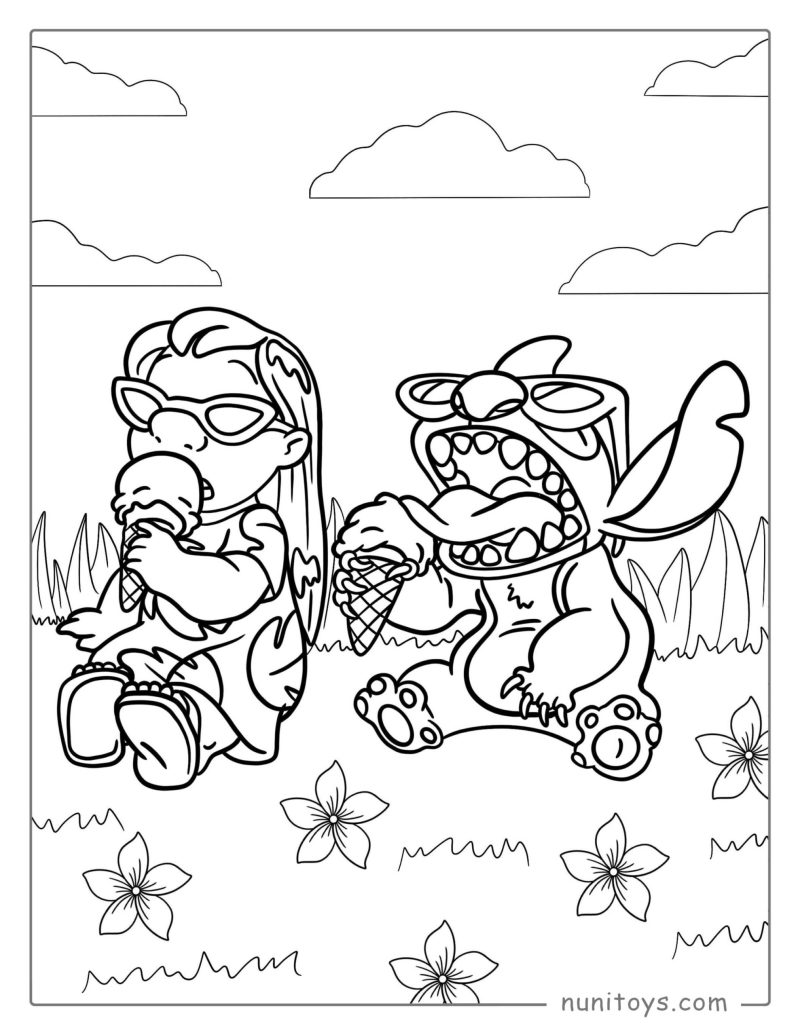 Coloriage de Lilo et Stitch mangeant une glace