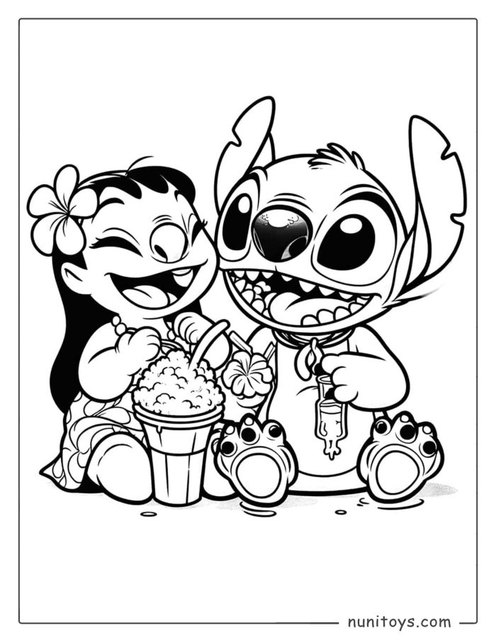 Coloriage de Lilo et Stitch partageant une gourmandise tropicale