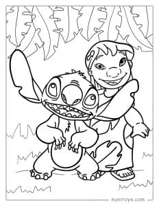 Coloriage de Lilo et Stitch sous des feuilles de bananier