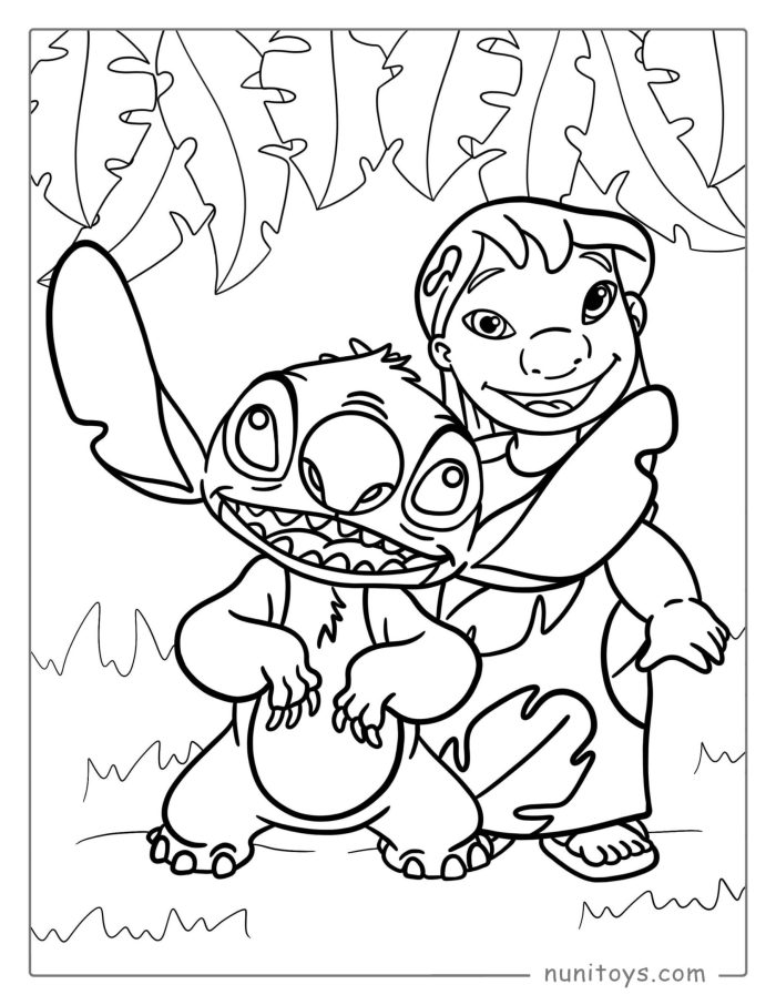 Coloriage de Lilo et Stitch sous des feuilles de bananier