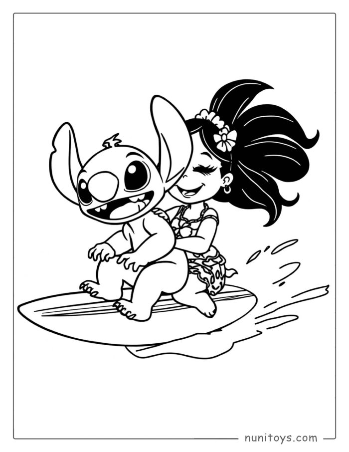 Coloriage de Stitch et Lilo faisant du surf