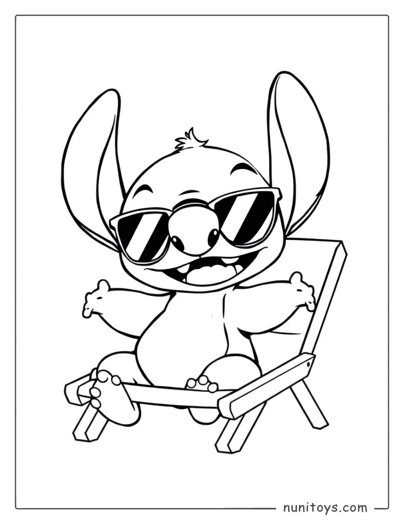Coloriage de Stitch se relaxant sur une chaise de plage