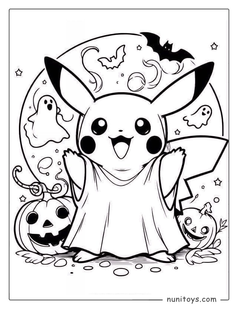 Cute Pikachu Halloween costume coloring page