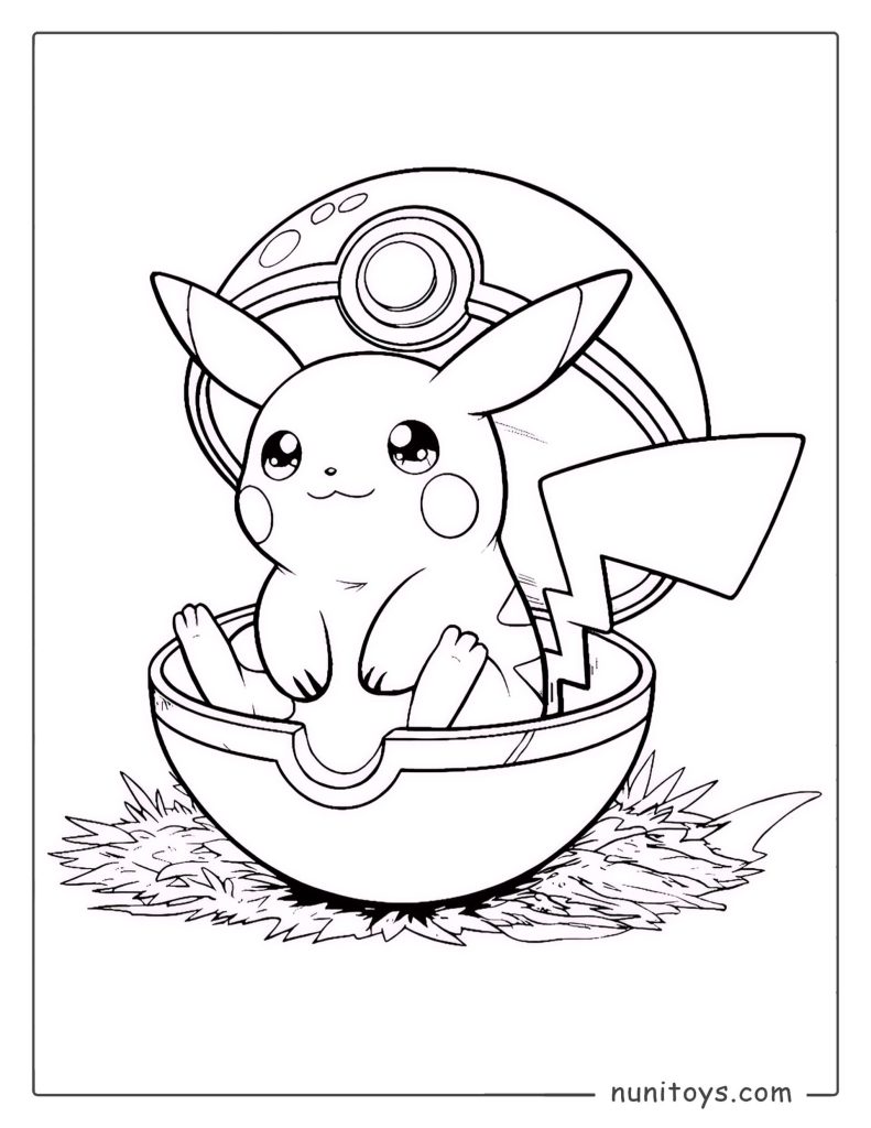 Cute Pikachu inside Poké Ball coloring page
