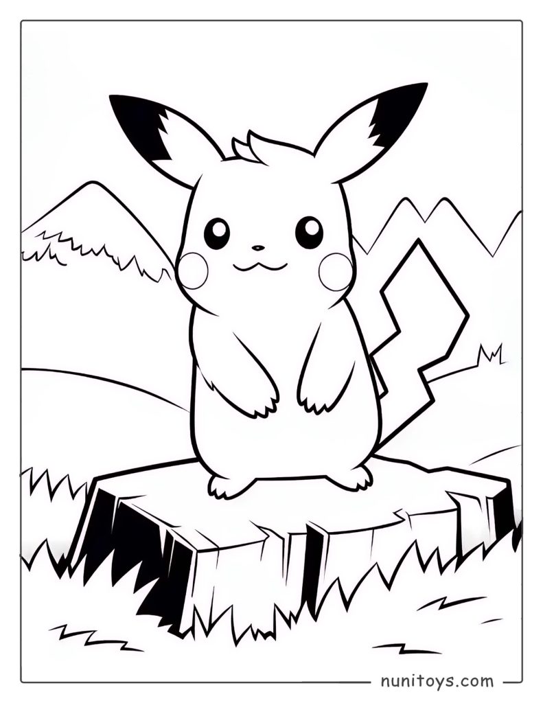 Cute Pikachu standing on a rock Pokémon coloring page
