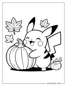 Cute Pikachu with pumpkin autumn coloring page