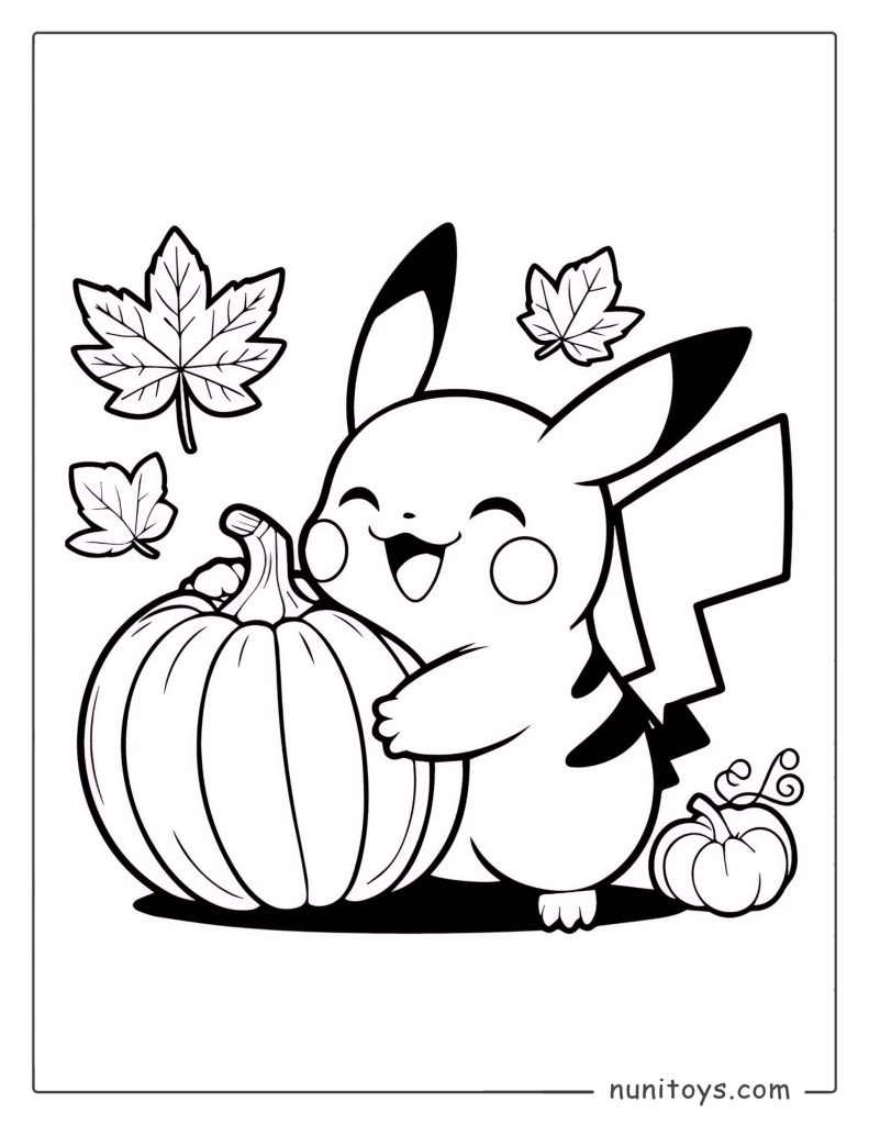 Cute Pikachu with pumpkin autumn coloring page