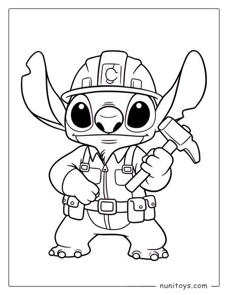 דף צביעה של סטיץ׳ כבאי עם קסדה ופטיש עבודה