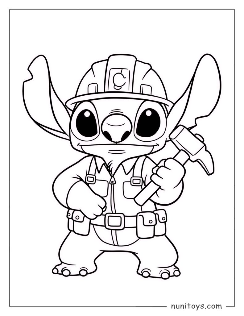 דף צביעה של סטיץ׳ כבאי עם קסדה ופטיש עבודה