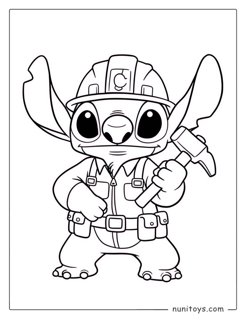 דף צביעה של סטיץ׳ כבאי עם קסדה ופטיש עבודה