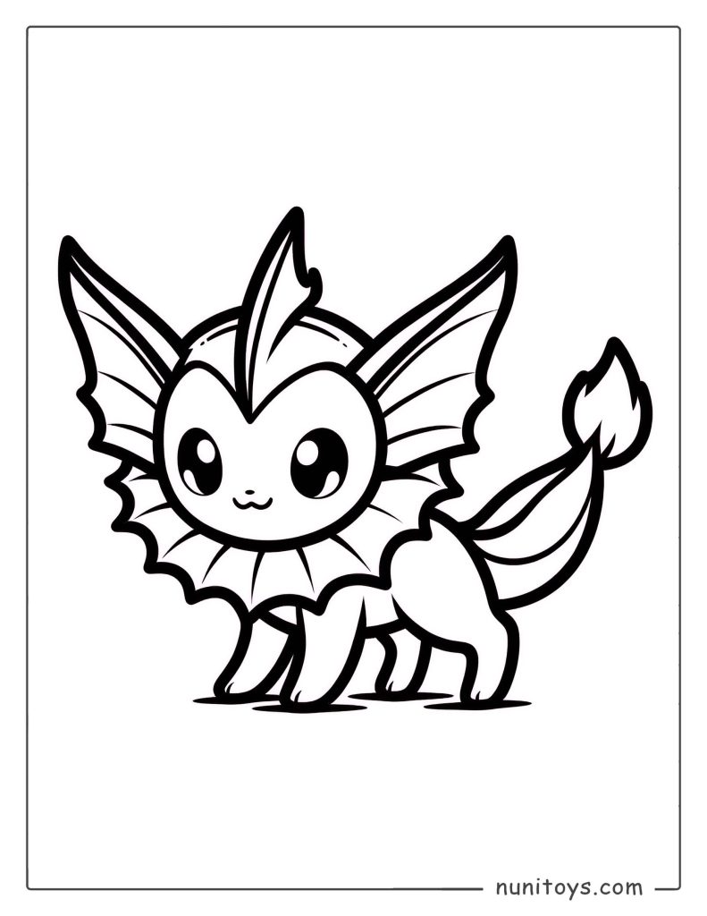 Cute Vaporeon standing with flowing fins coloring page