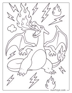 Fierce Charizard breathing fire Pokémon coloring page