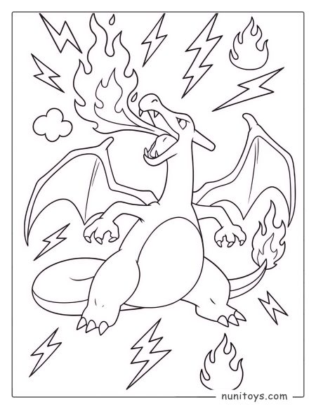 Fierce Charizard breathing fire Pokémon coloring page