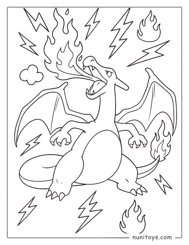 Fierce Charizard breathing fire Pokémon coloring page