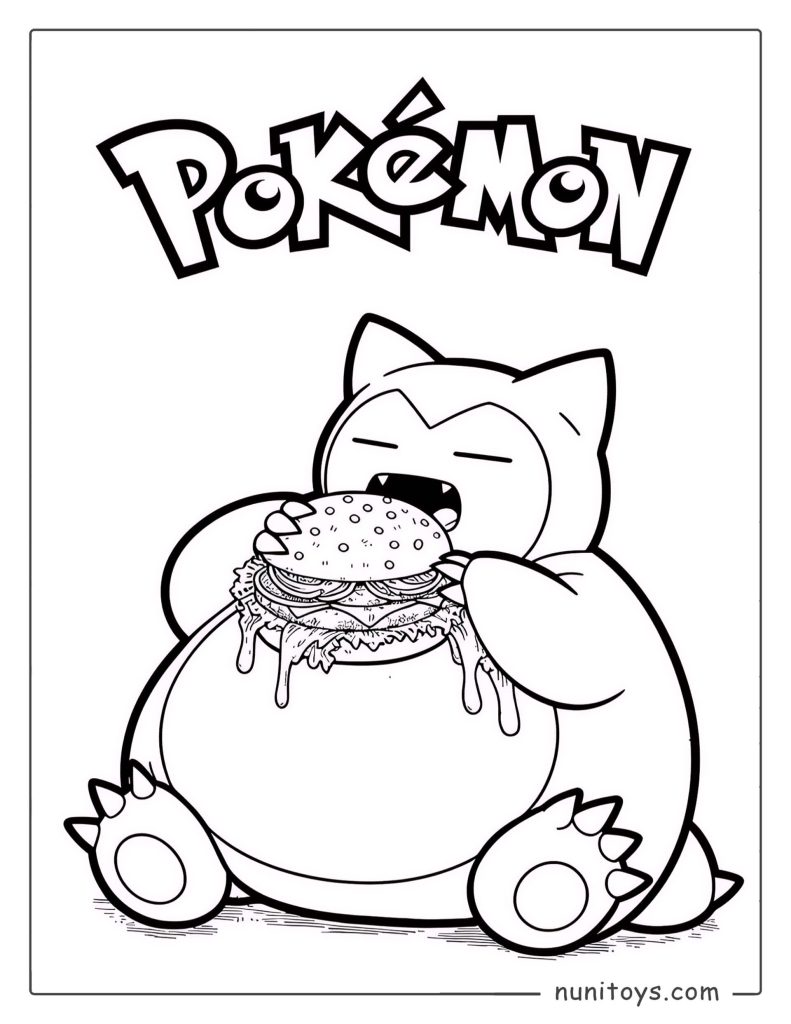 Funny Snorlax eating burger Pokémon coloring page