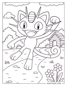 Happy Meowth walking on a sunny path Pokémon coloring page