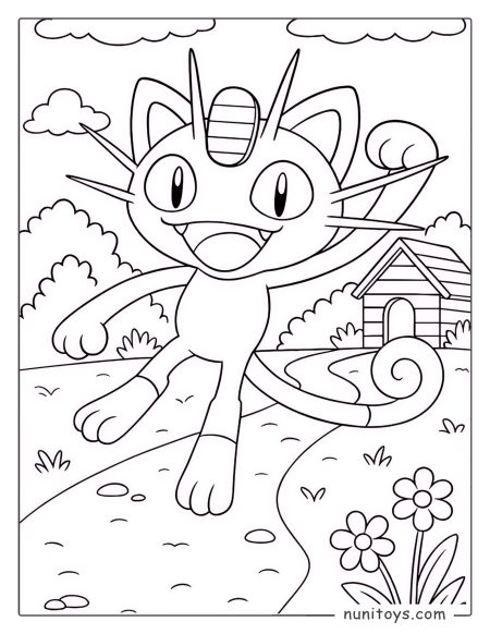 Happy Meowth walking on a sunny path Pokémon coloring page