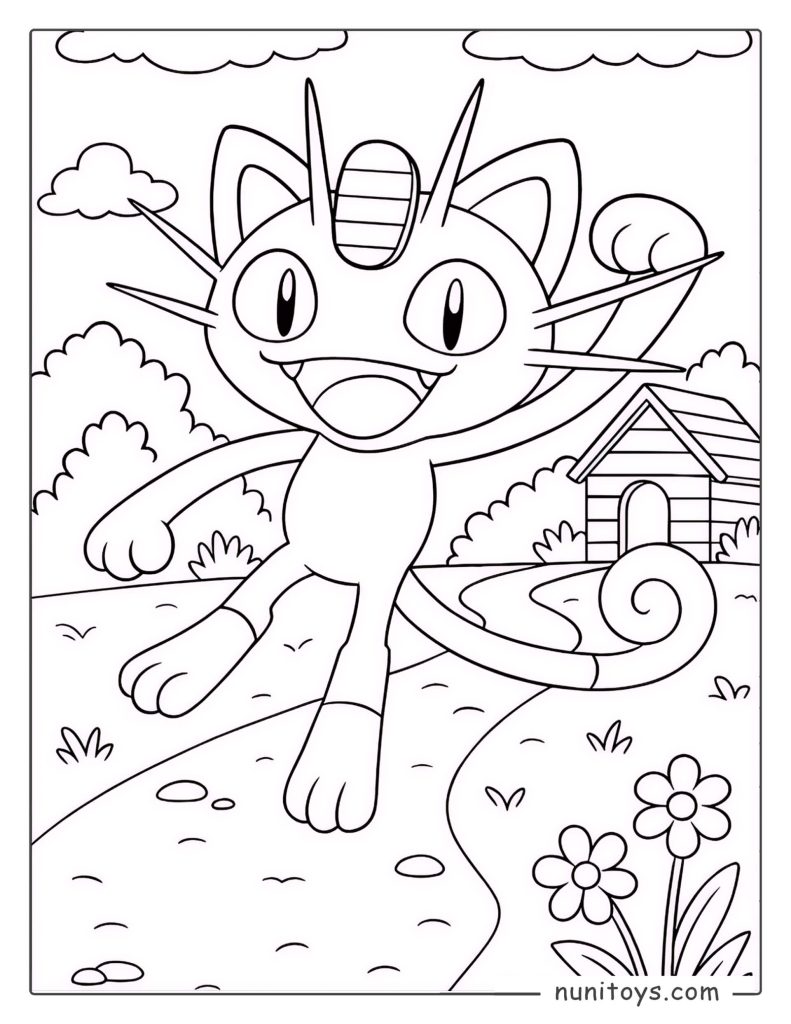 Happy Meowth walking on a sunny path Pokémon coloring page