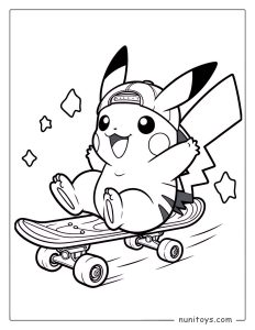 Happy Pikachu riding a skateboard with a cap coloring page