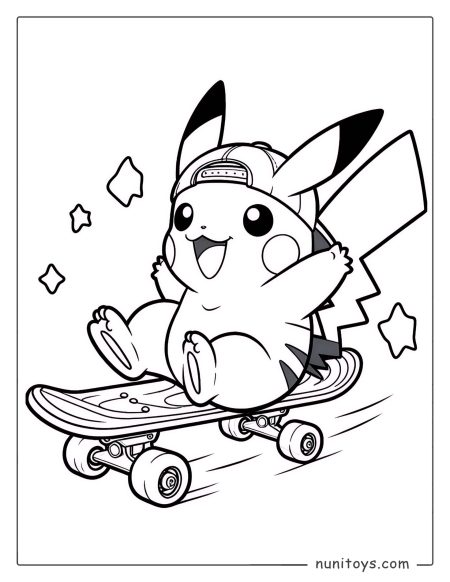 Happy Pikachu riding a skateboard with a cap coloring page