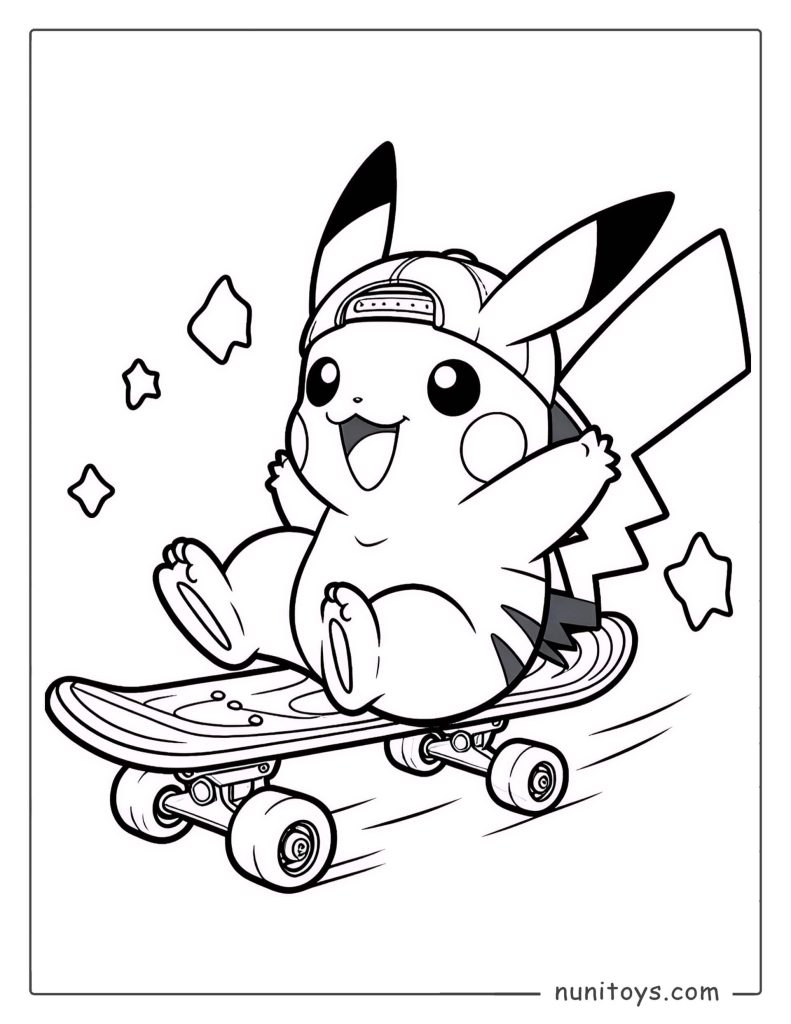 Happy Pikachu riding a skateboard with a cap coloring page