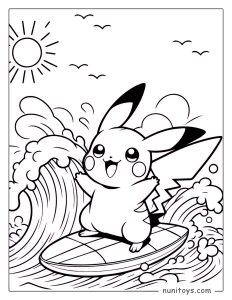 Happy Pikachu surfing big ocean waves coloring page