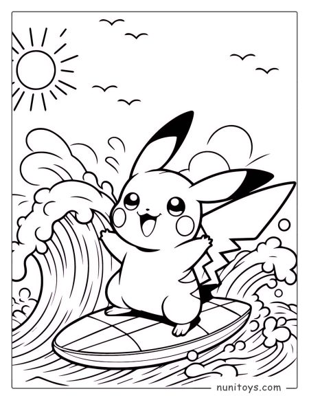 Happy Pikachu surfing big ocean waves coloring page
