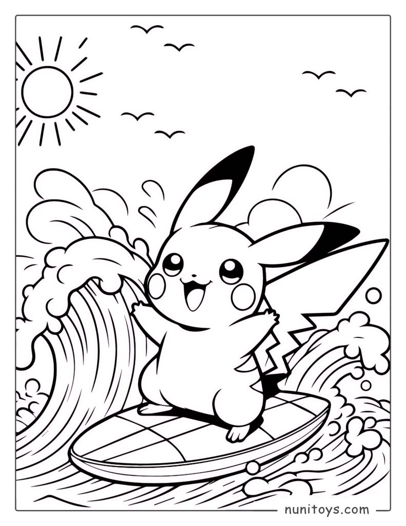 Happy Pikachu surfing big ocean waves coloring page