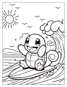 Happy Squirtle surfing on a big ocean wave coloring page