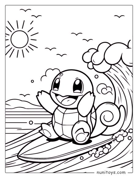 Happy Squirtle surfing on a big ocean wave coloring page