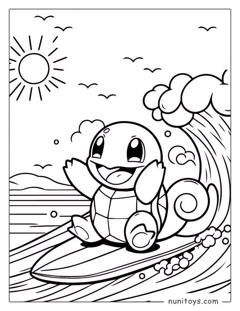 Happy Squirtle surfing on a big ocean wave coloring page