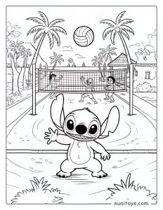 Happy Stitch playing beach volleyball with kids under palm trees