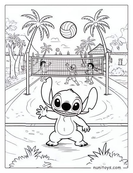 Happy Stitch playing beach volleyball with kids under palm trees