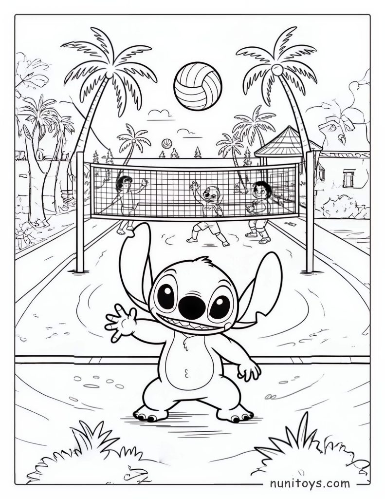 Happy Stitch playing beach volleyball with kids under palm trees