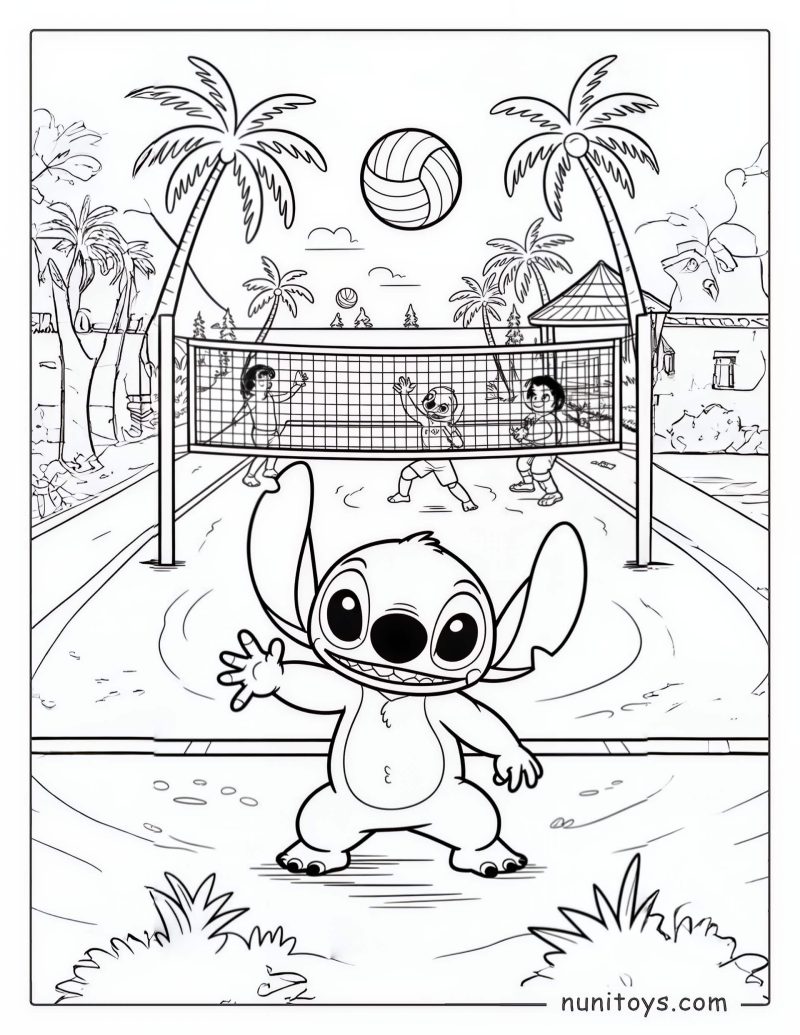 Happy Stitch playing beach volleyball with kids under palm trees