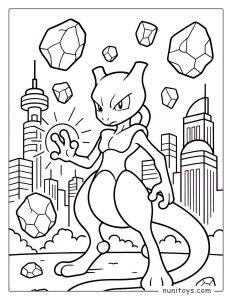 Mewtwo using psychic powers in a city coloring page